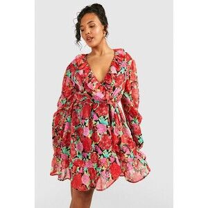 boohoo The Plus Printed Tea Dress Red Floral Flirty Flowers Size 14 Vacation
